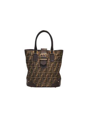 Fendi Handbag Zucca Pattern Canvas Leather Brown Gold